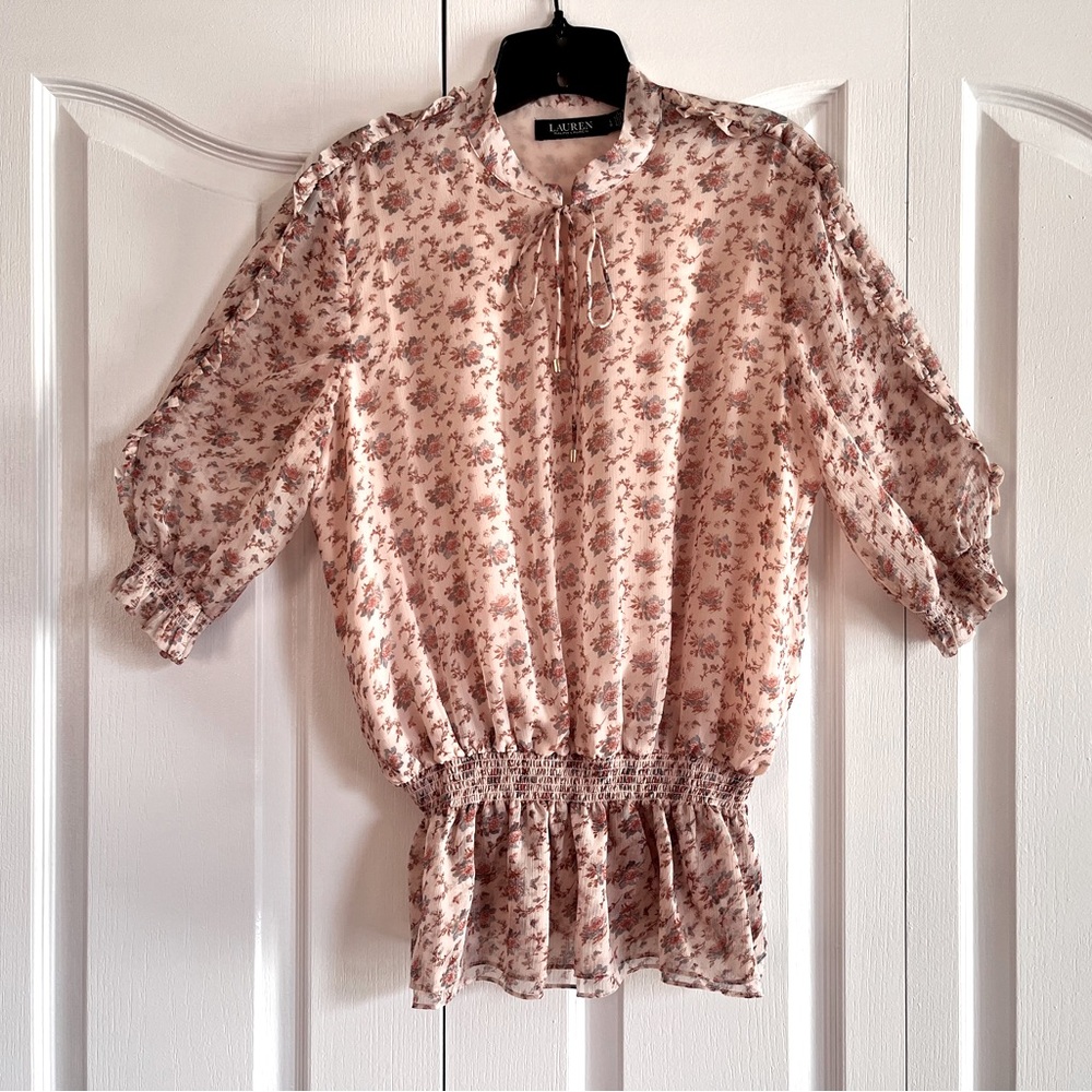 EUC Lauren by Ralph Lauren 3/4 sleeve soft pink floral pattern top L